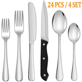 24 Piece Silverware Set with Steak Knives, Stainless Steel Flatware Set, Cutlery Set Service for 4, Mirror Polished Utensils Set, Forks and Spoons Sil