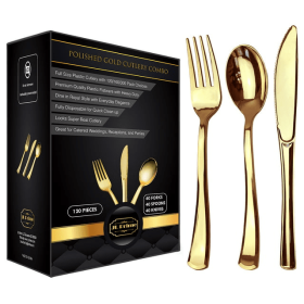 JL Prime 120 Piece Gold Plastic Silverware Set, Re-Usable Recyclable Plastic Cutlery, Gold Plastic Utensil, 40 Forks, 40 Spoons, 40 Knives, Great for